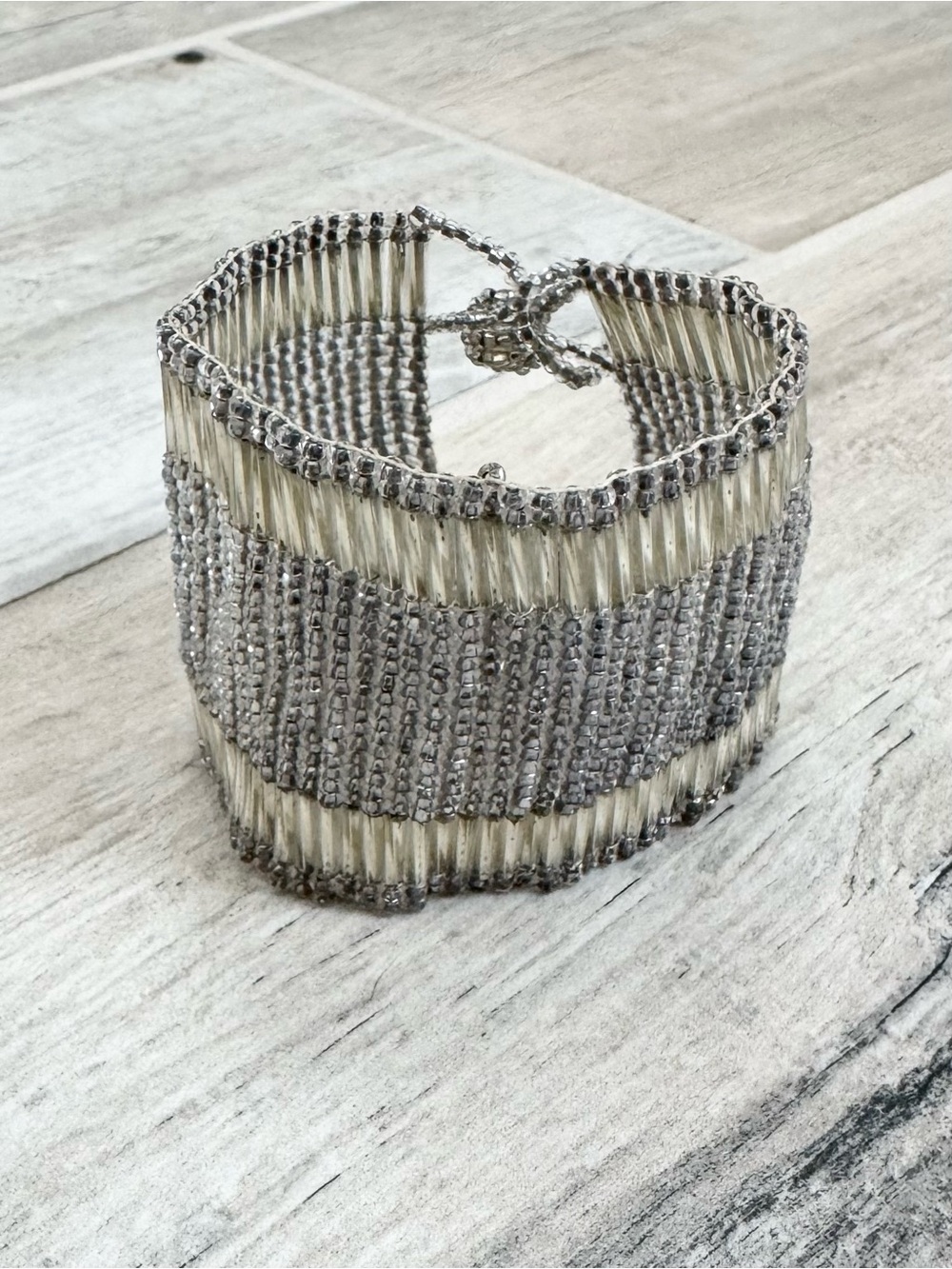 Silver Wide Beaded Bracelet